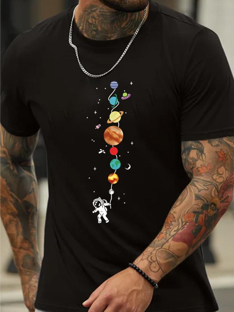 Summer Outdoor Men's Astronaut and Planet Print Creative Casual 100% Pure Cotton Short Sleeved Loose Round Neck T-shirt