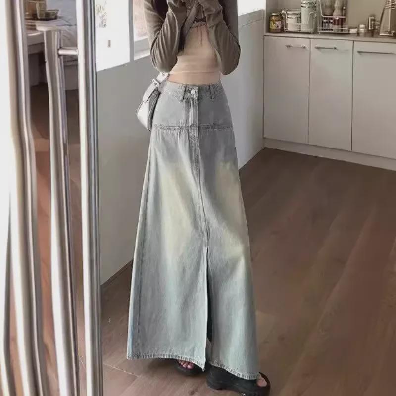 Dámská jarní a podzimní retro džínová A-line sukně s vysokým pasem a rozparkem