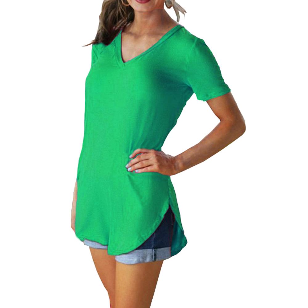 Women’s Summer Solid Color Loose V-Neck T-Shirt, Short-Sleeved, 5XL Large Size.