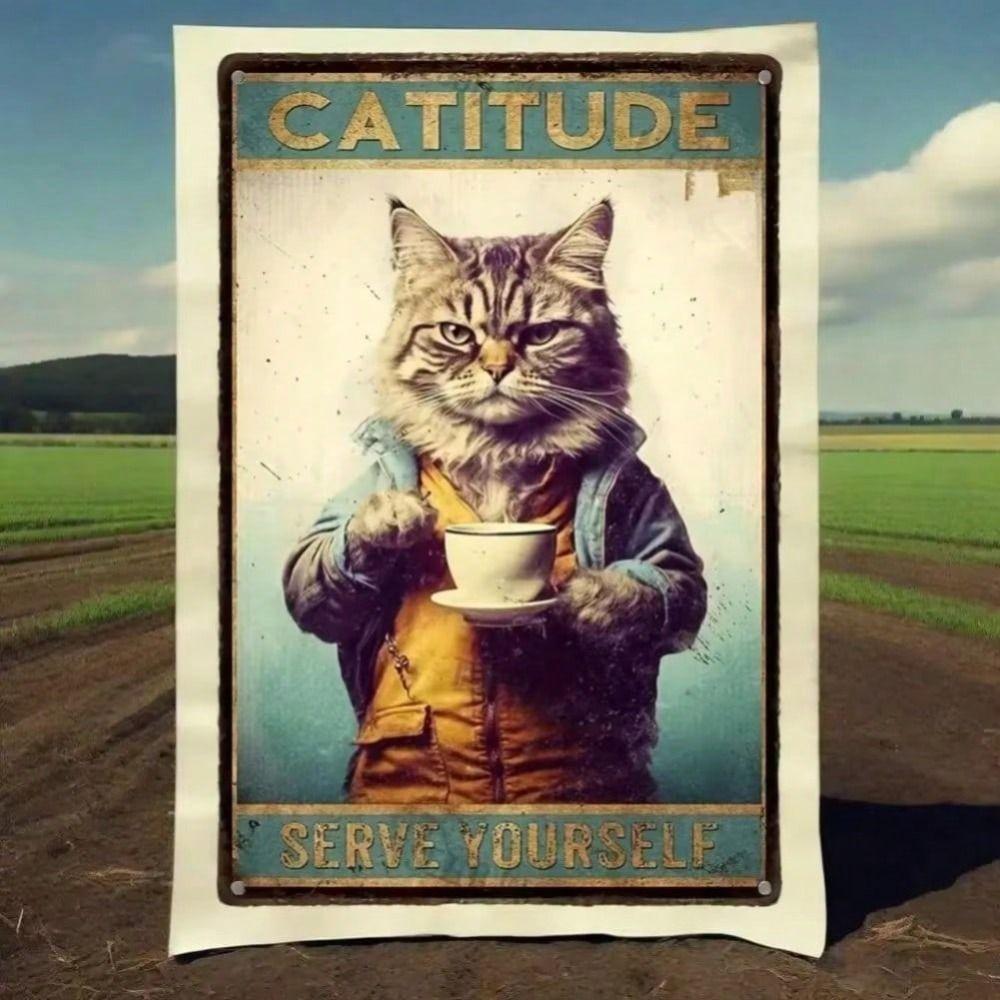 Vintage Metal Poster Cat Coffee Tin Sign Wall Art Decor