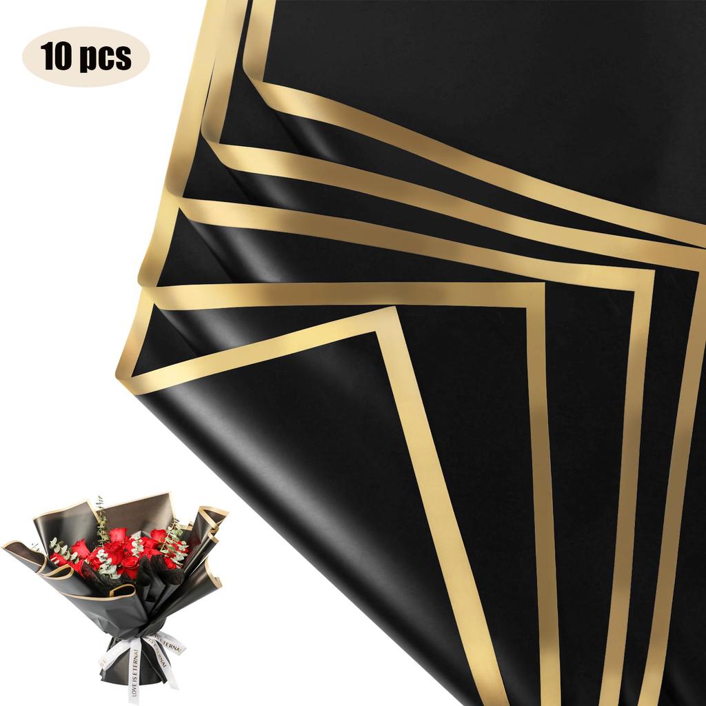 10 Sheets Flower Wrapping Paper with Golden Edges, Waterproof Bouquet Packaging - Ideal for DIY Weddings & Birthdays 2035