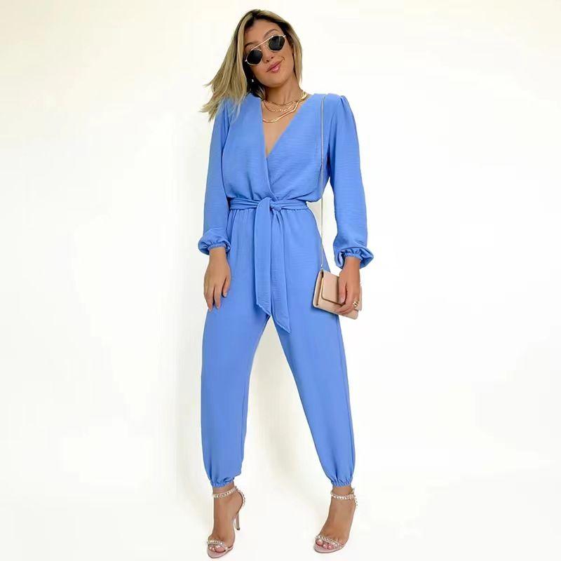 

Fashion New Arrival Fresh Sweet V-neck Long Sleeves Tied High Waist Jumpsuit V-neck Lace-up Jumpsuit Blue XL