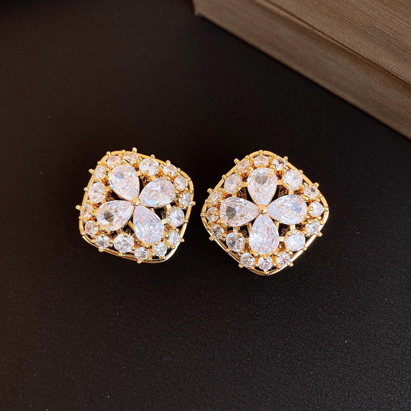 18k electroplated square zircon flower stud earrings French retro earrings light luxury earrings women
