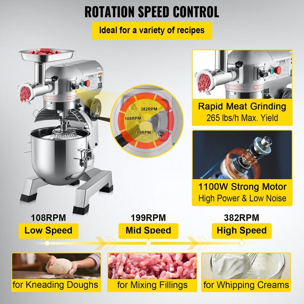 Commercial Stand Mixer, 20Qt Stainless Steel Bowl, 1100W 2 in 1 Multifunctional Electric Food Mixer with Meat Grinder & 3 Speeds, Dough Hook Whisk