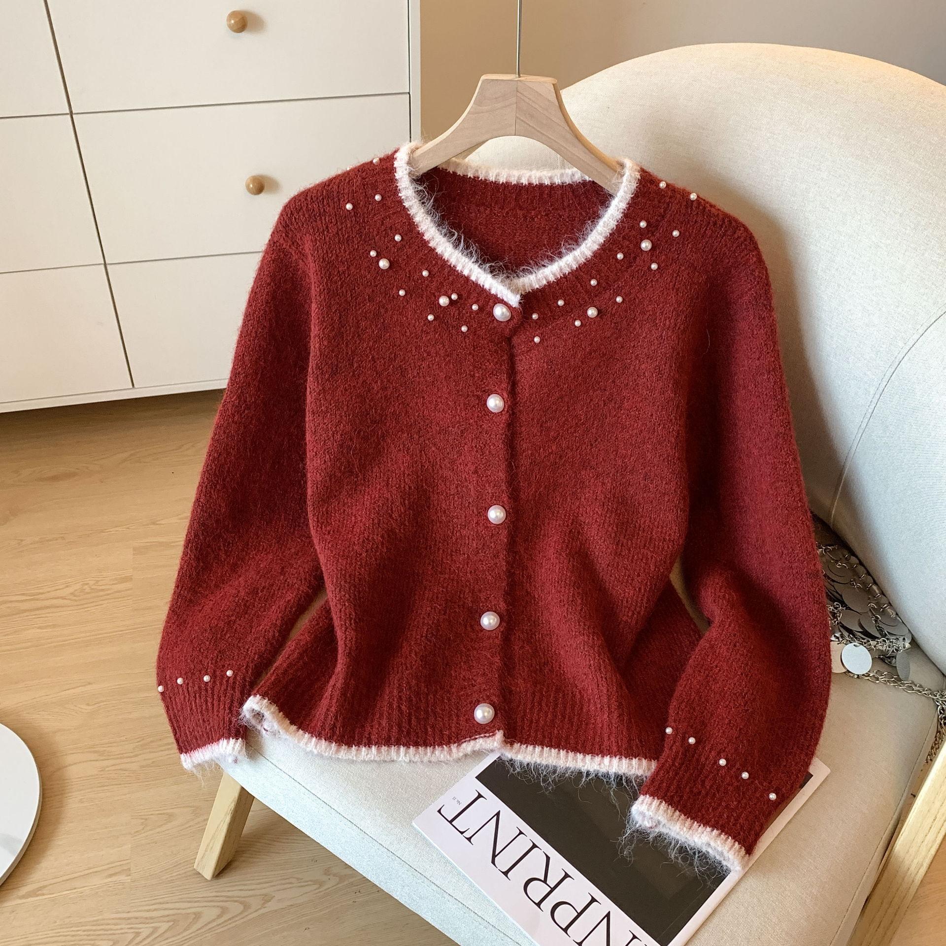 

Bead craftsmanship heavy industry thin temperament sweater cardigan women autumn and winter sweet on one size fits all червоний