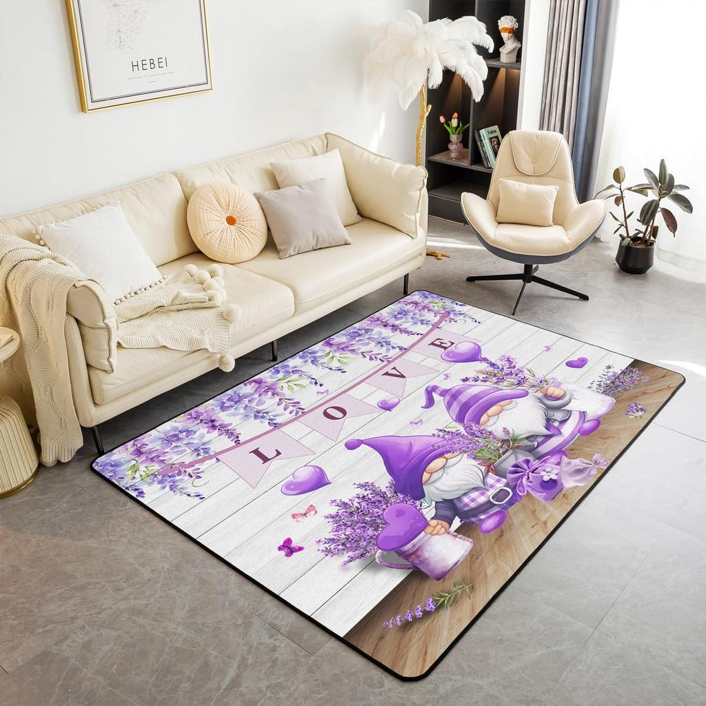 Purple Flowers Rug Watercolor Lavender Carpet Romantic Floral Doormat for Girls Teen,Wild Country Style Garden Flower Floor Mat