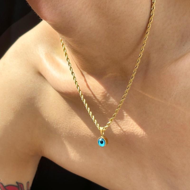 Stainless Steel Lucky Blue Evil Eye Pendant Necklace for Men Women Twisted Golden Chain Collarbone Chokers Jewelry Gift