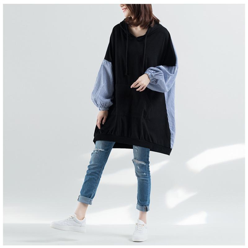 Large Size Women's Top Fashion Artistic Stripes Loose Autumn Casual Long Sleeved Hooded Sweatshirt