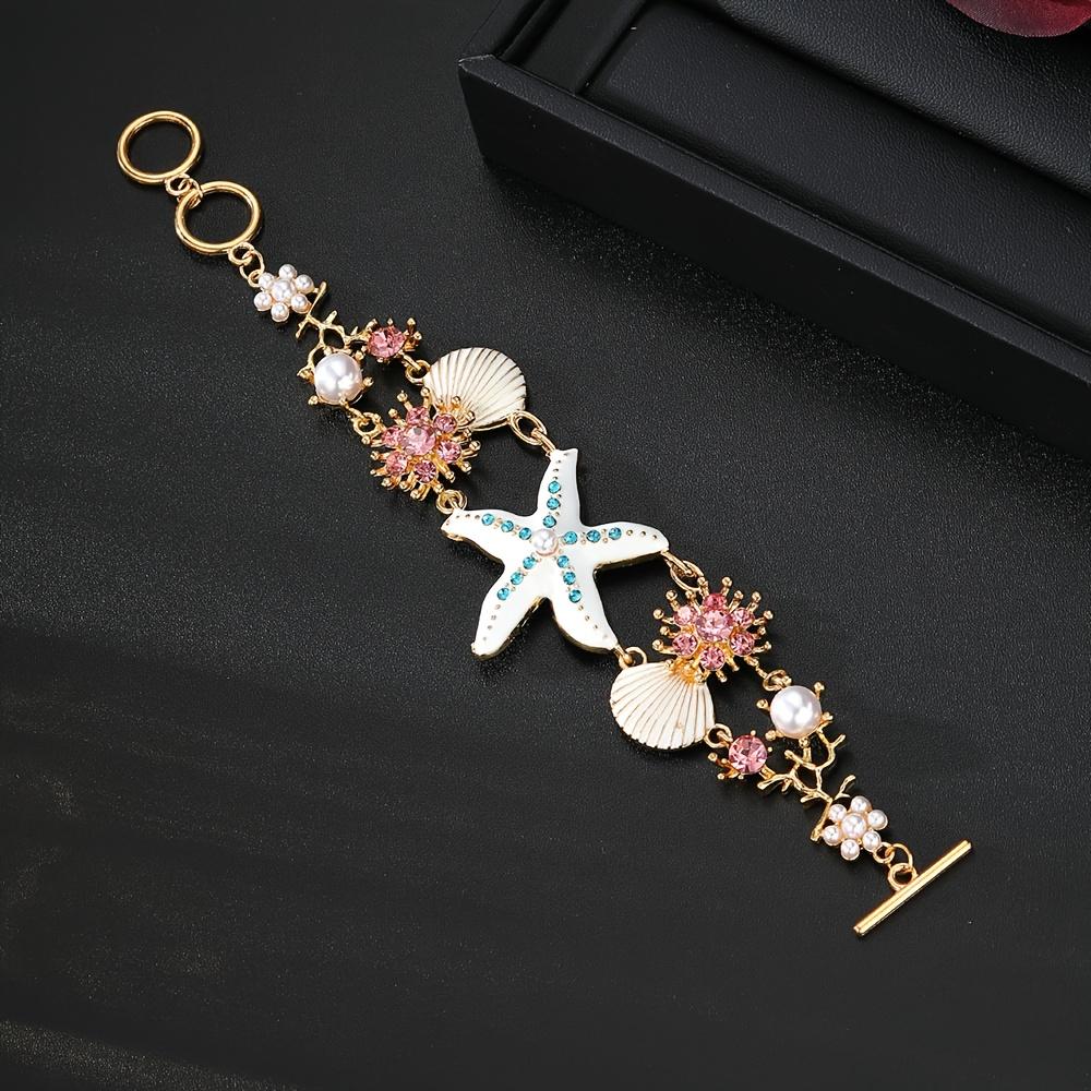 1PC Bohemian Beach Bracelet with Starfish, Coral and Shell Jewelry - Gold KC Plated Nautical Jewelry, Blue Pink Crystal