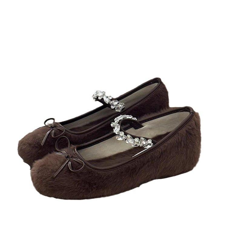Small Man Inner Height Increase 5cm French Ballet Fluffy Shoes Women Wear Velvet Rhinestone Mary Jane Shoes In Winter