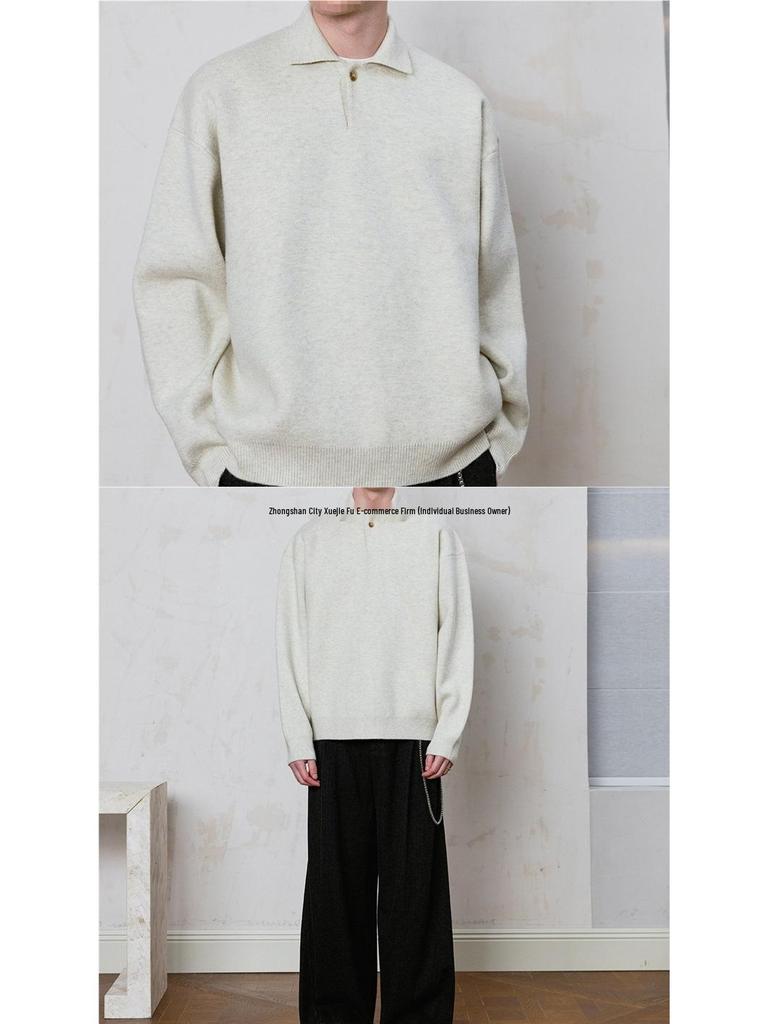 Men’s 2024 Winter Grey Sweater: Old Money Style, Thick Knit, Small Turn-Down Collar.