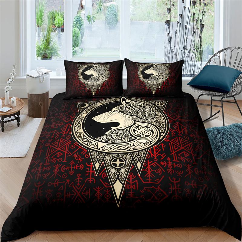 Viking Northern Germanic Culture Wolf Celtic Bedding Set Boys Girls Twin Queen Size Duvet Cover Pillowcase Bed Kids Adult
