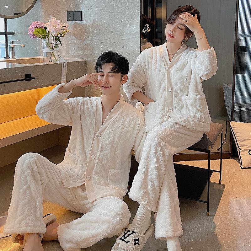 Autumn Winter Coral Fleece Pajamas Set Couple Casual Home Wear Women's Warm Flannel Intimate Lingerie Sleepwear Men Loungewear