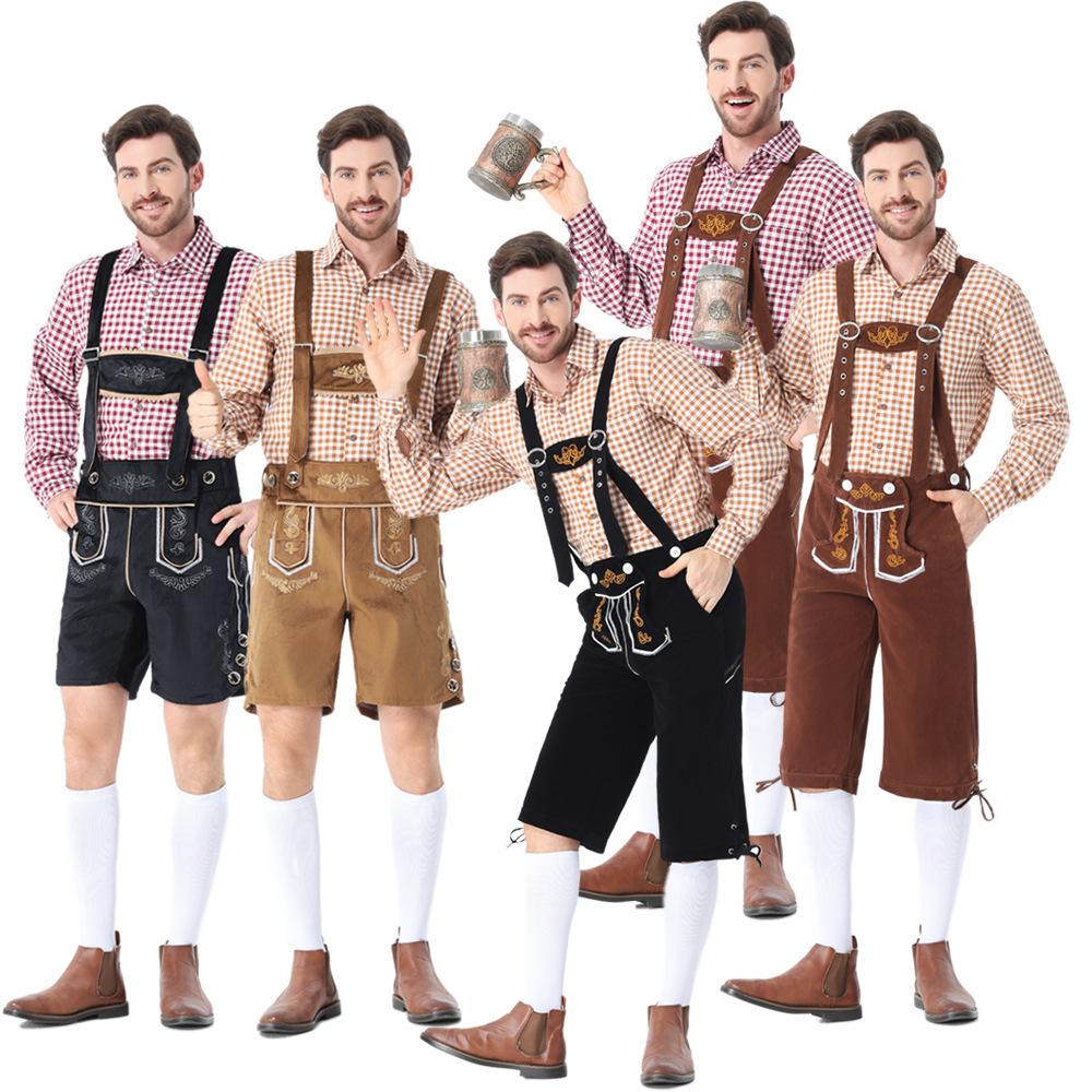 Adult Mens Oktoberfest Plaid Shirt Embroidered Suspender Pants Halloween Cosplay Party Costume