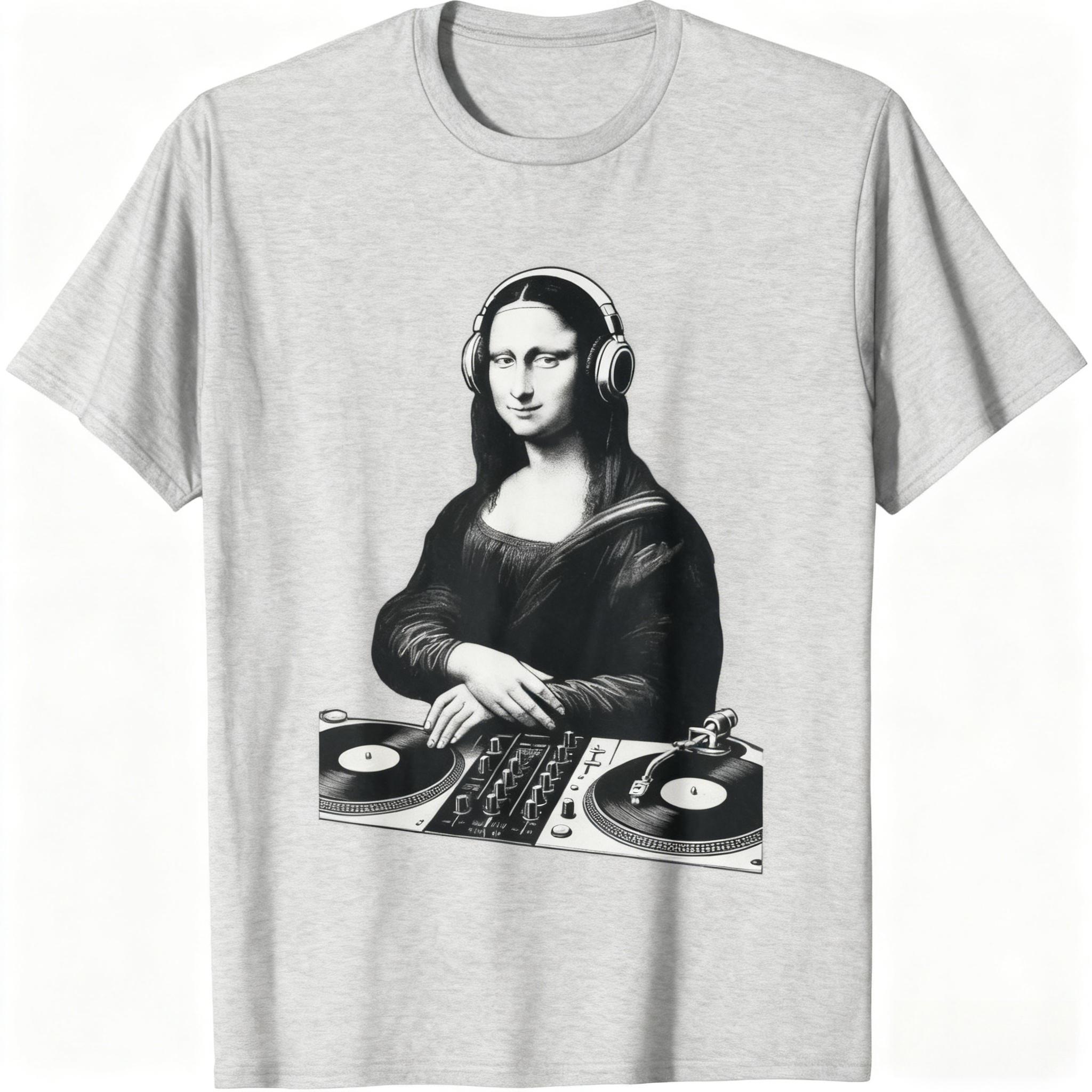 Футболка с принтом «Мона Лиза DJ Наушники Вертушки Любитель Музыки Эскиз Арт» Стиль Харадзюку 100% Хлопок Унисекс Мода Повседневная Свободная Одежда 4XL
