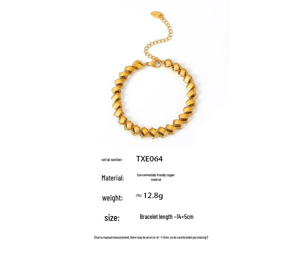 18K Gold Plated Geometric Necklace & Bracelet Set - Copper, Hip Hop Style, Color Retention