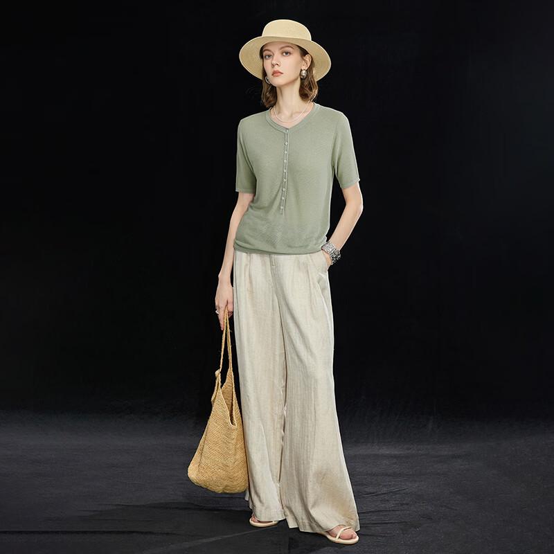 Wudao Women's Tencel Linen Blend Half-Placket Knit T-Shirt