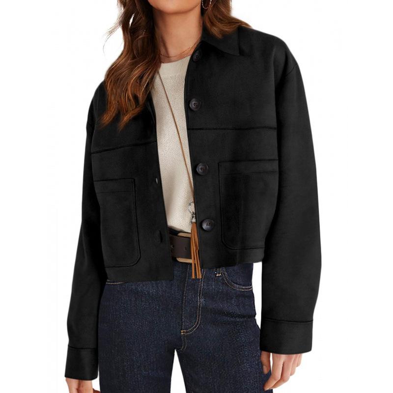 Spring Autumn Polo-neck Solid Color Casual Fashion Cardigan Coat Women Single Breasted All-match Jacket Top