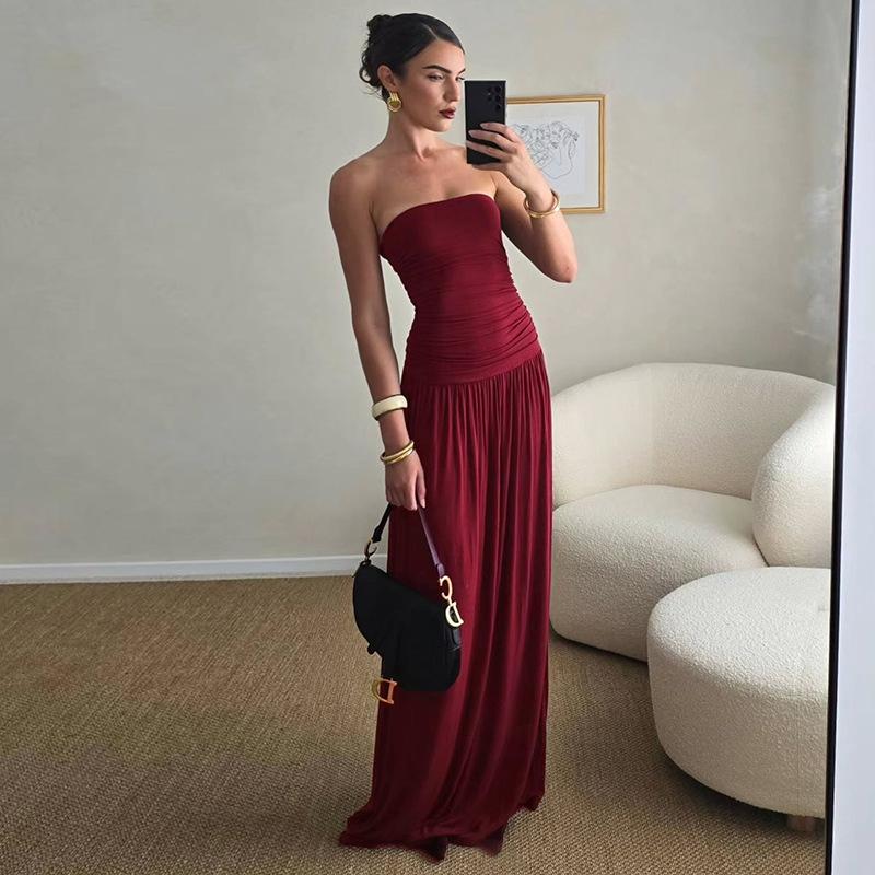 Abito Maxi Donna Senza Spalline a Tubo Vita Arricciata Colore Unico Svasato Lunghezza Pavimento Estivo Casual Vacanza al Mare Abito Lungo