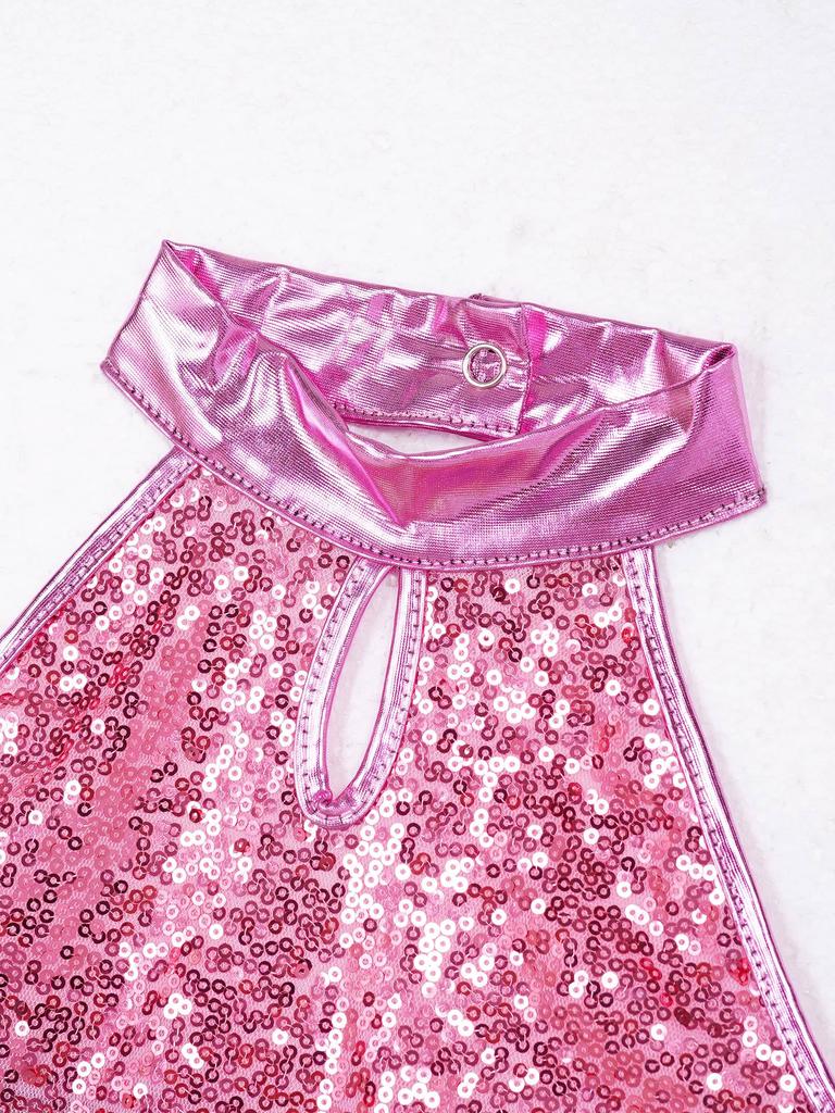 Meisjes Glanzende Pailletten Outfit Mouwloos Halternek Patchwork Ontwerp Leotard Metallic Hoge Taille Shorts Set