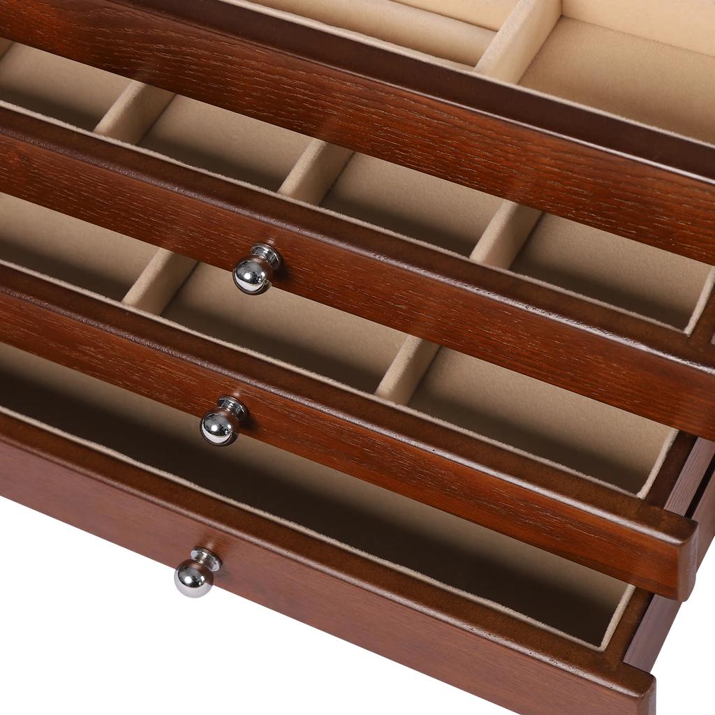 4-layer Large Wooden Jewelry Box W/ Mirror for Women, Jewelry Organizer Watches Necklace Ring Storage Box Great Gift