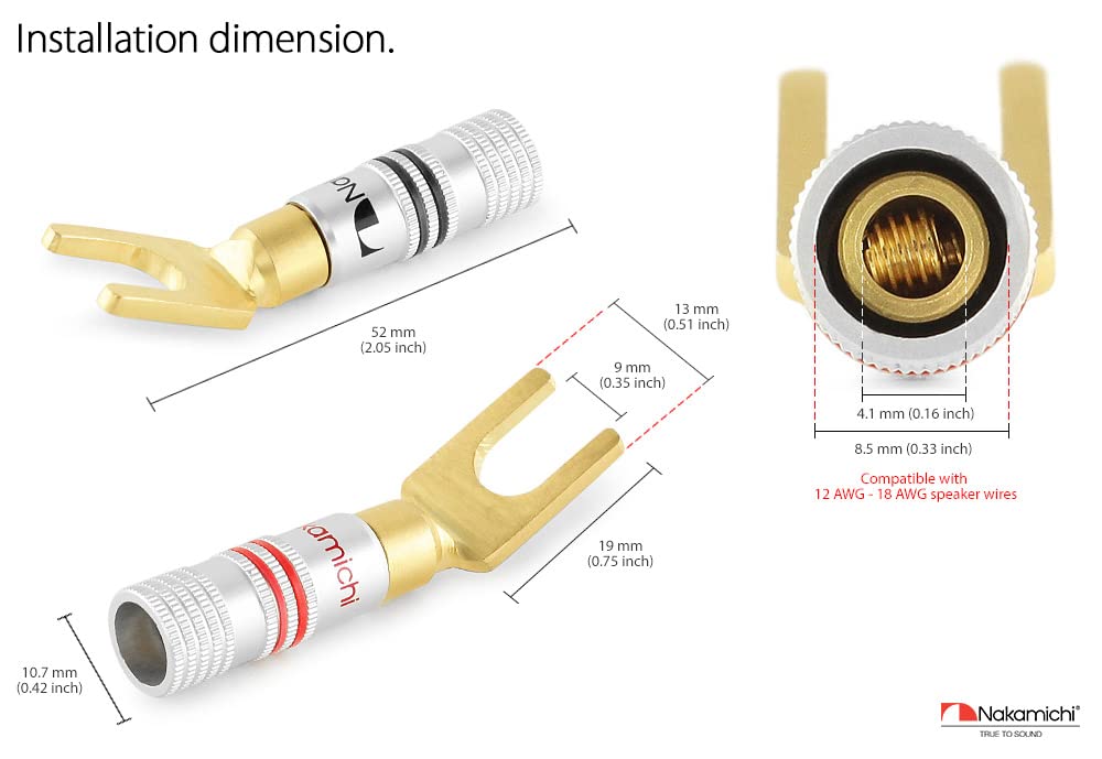 Nakamichi Excel Series 24K Gold Plated Spade Connectors 12-18 AWG 4mm for Speaker Amp Hi-Fi AV Stereo Home Theater Screw Type 16pcs 8 Pairs