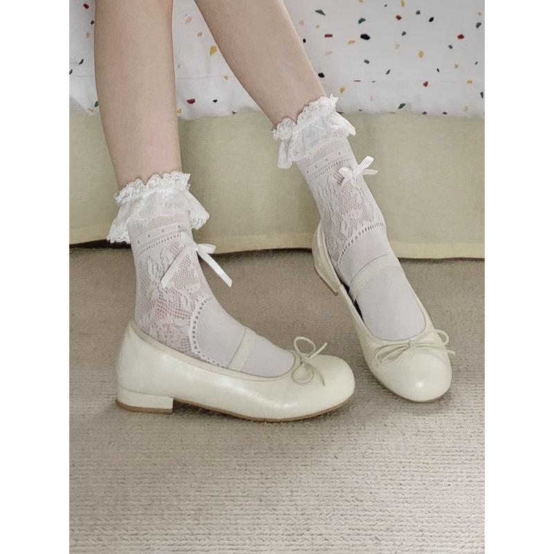 Female Spring and Summer Thin Sweet Ballet Style Bow Lace Lace In The Tube Pile Socks