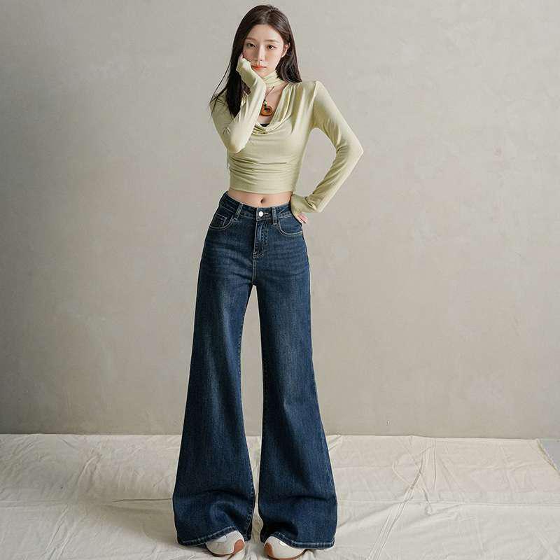 Women s Retro Washed Blue Denim Jeans - Early Autumn Micro Flare, Floor-Length Wide Leg. Extra Small