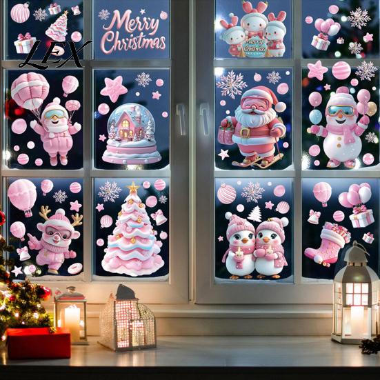Snowman Window Clings 9Pcs Pink Christmas Static Clings, Santa Bunny Penguin Glass Creative Holiday Collage Decals, Reusable Xmas Stickers, Decor for