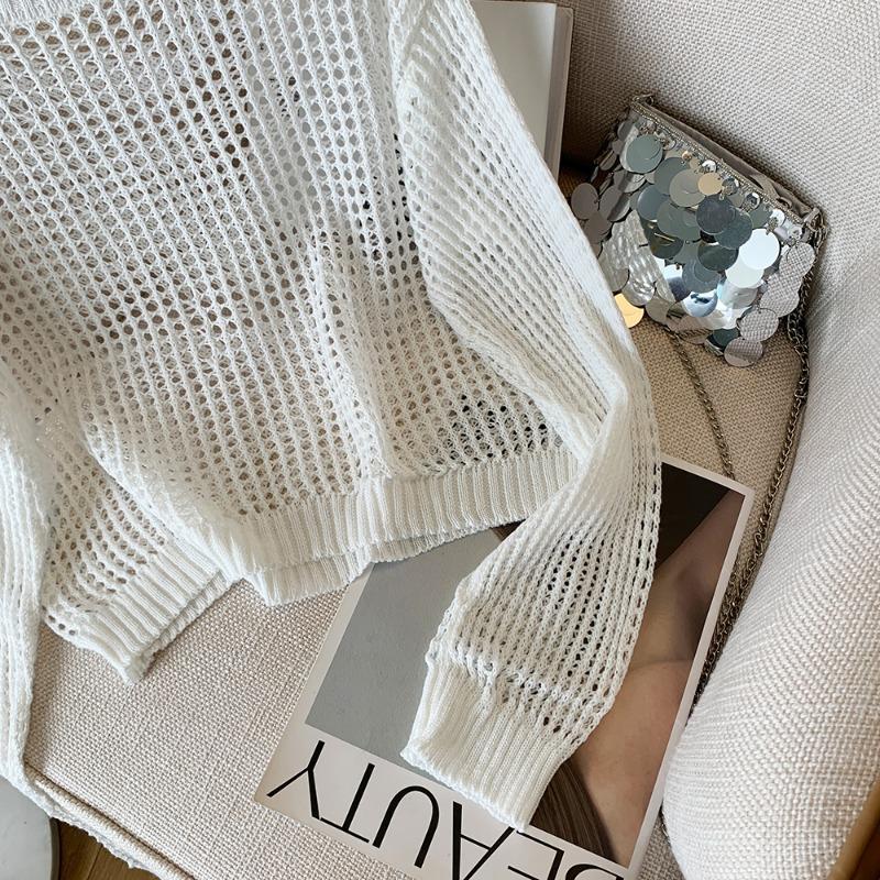 Spring Autumn Sunscreen Knitted Sweater Tops Women Korean Fashion New Long Sleeve Hollow Out Loose Short Tops Cover Up Hollow Thin Blouse 1410