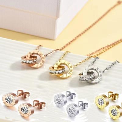 3pcs/set Roman Numeral Zircon Stainless Steel Necklaces Earring for Women Men Elegant Party Jewelry Accessories Gifts