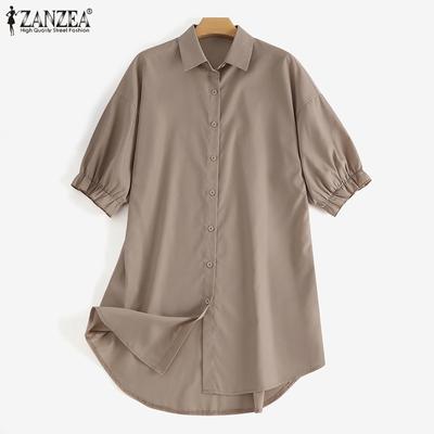 Women Loose Solid Short Sleeve Collared Button Down Shirt Mini Dress