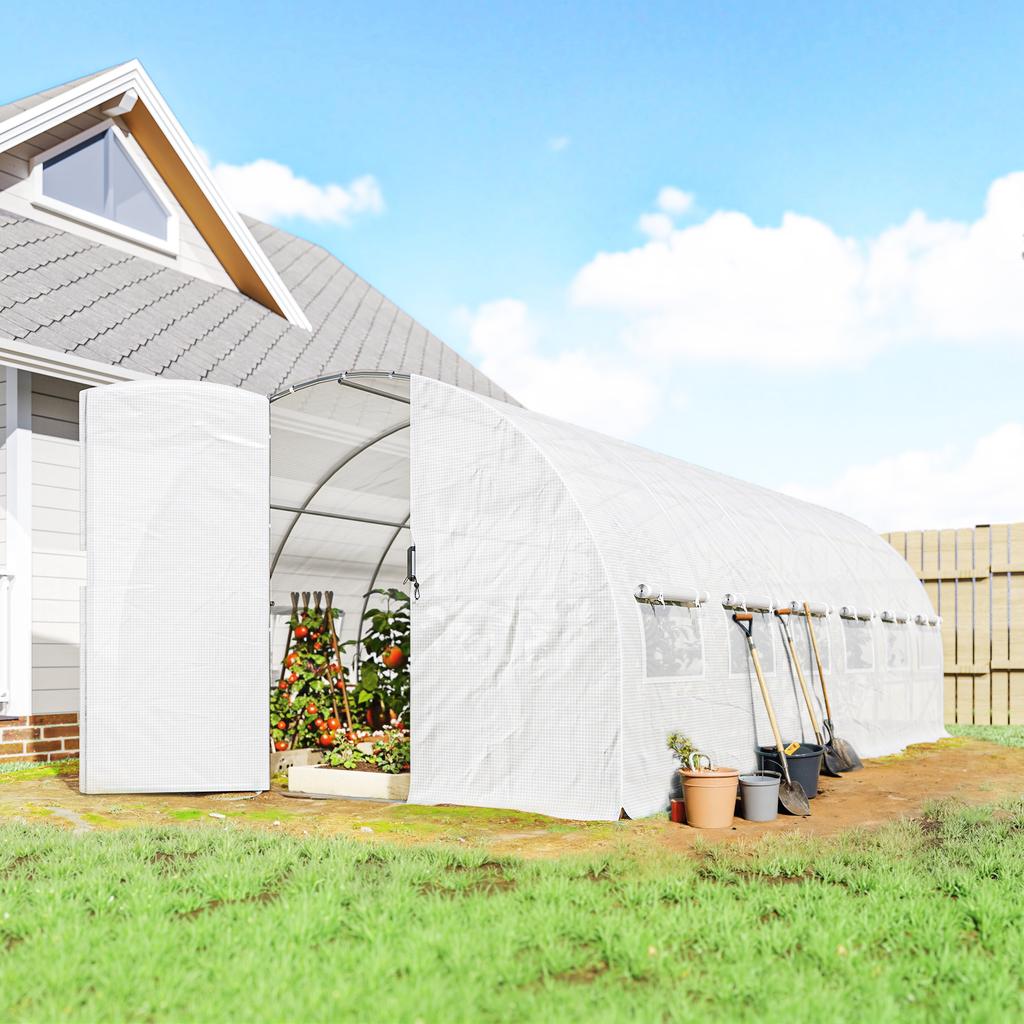 Tunnel Greenhouse, 18 m2, Door, 12 Windows with Mosquito Nets, 295 x 597 x 200 cm, White