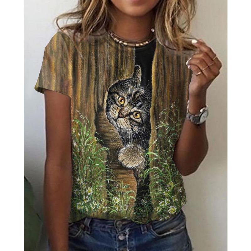 Summer Round Neck 3D Animal Print Top Fashionable Casual Short Sleeved Women's T-shirts