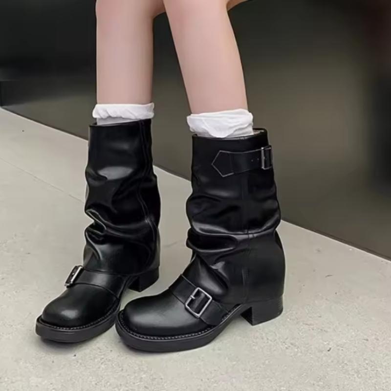 Fashion Luxury Women's Boots Slip on Female Mid-calf Boots Retro Biker Boots Fashion Block Heels Women Shoes Pu Leather Zapatos De Mujer