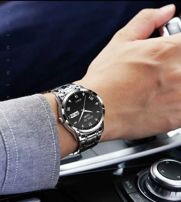 Men's Swiss Double Calendar Watch with Alloy Steel Band, Waterproof & Luminous.