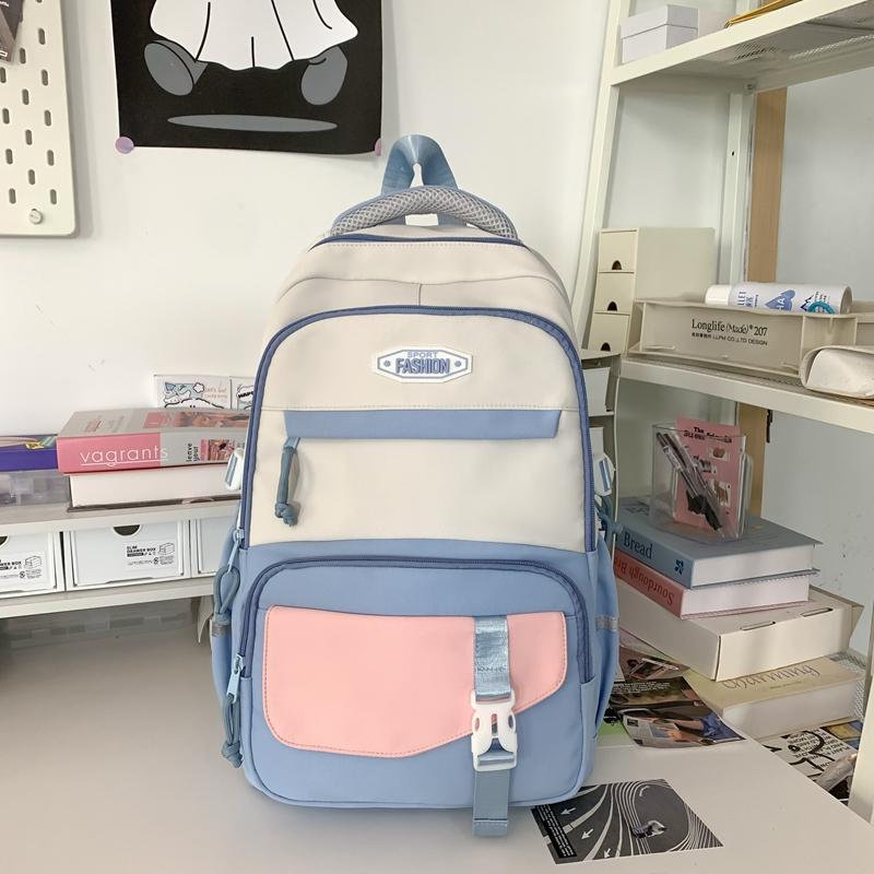 Women Large Capacity Schoolbag Campus Color Block Backpack Multi-Compartment Student Travel Backpack