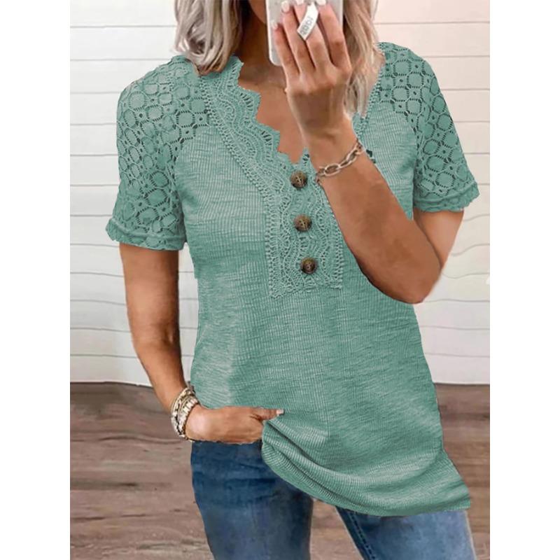 Spring and Summer TikTok E New Women's Collar Button Hollow Lace T-Shirt