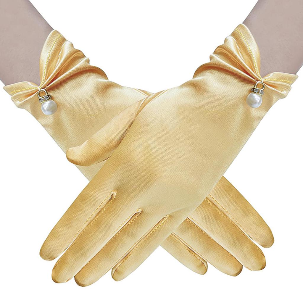 Women Elegant Satin Short Mittens Faux Pearl Pendant Decoration Solid Color Etiquette Gloves Dinner Party Opera Wedding Stage Performance