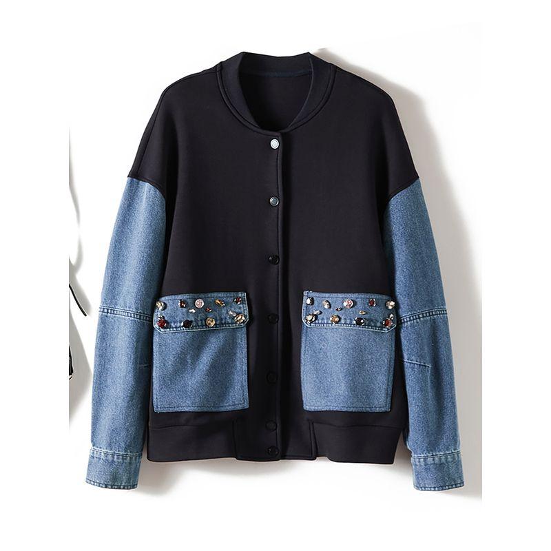 Fabric Patchwork Contrast Color Cocoon Shaped Slimming Baseball Uniform Women Autumn and Winter Rhinestone Embellishment Outerwear Strong Push