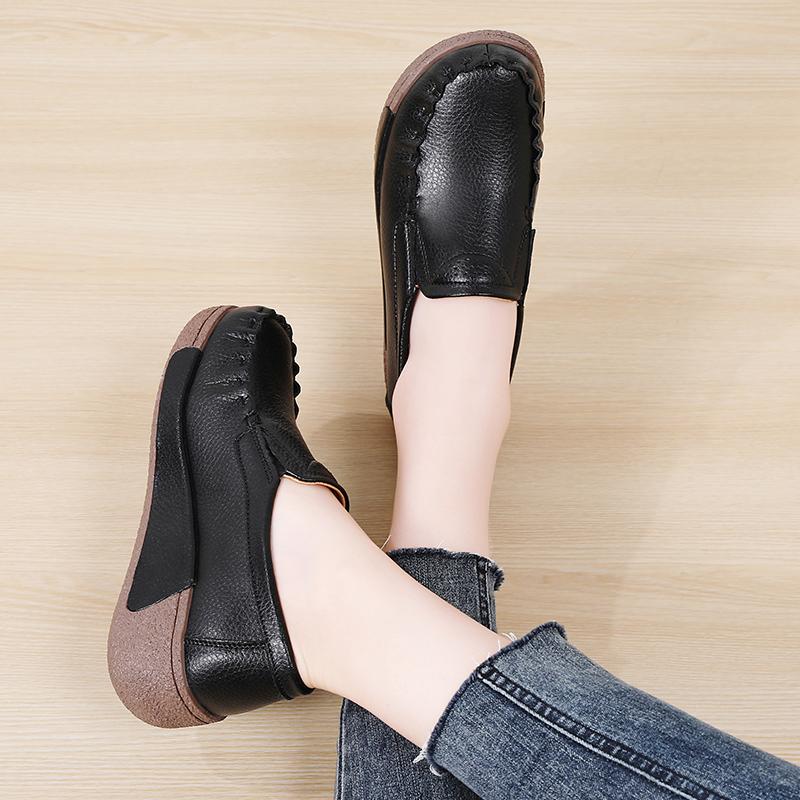 Retro Women Platform Shoes Leather Wedges Slip-on Loafers Anti-slip Walking Casual Footwear for Working Traveling