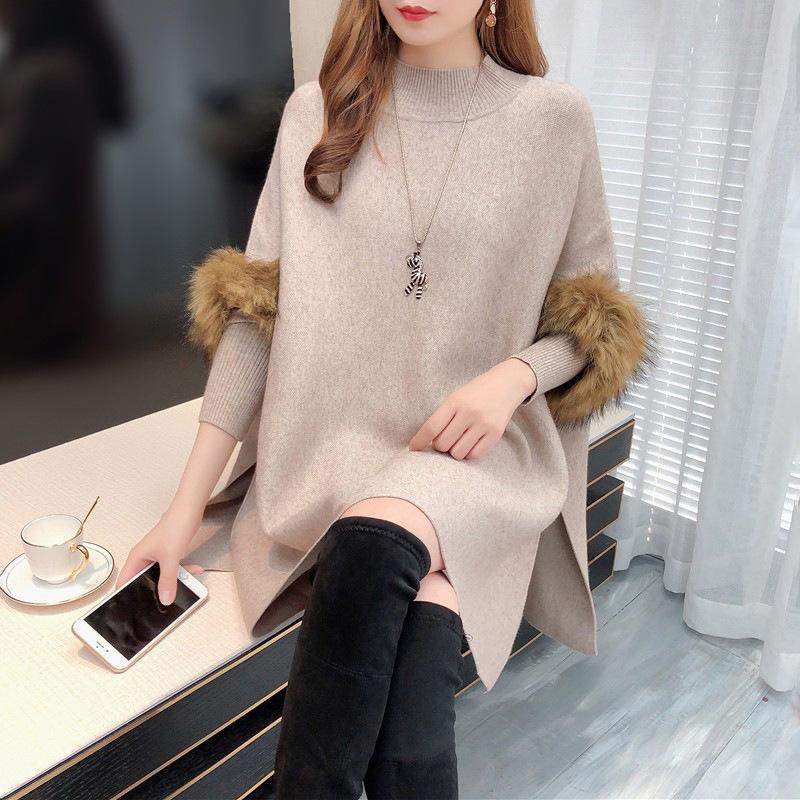 Autumn and Winter New Fur Sleeve Cape Shawl Half High Collar Knitted Pullover Sweater Loose Jacket for Women