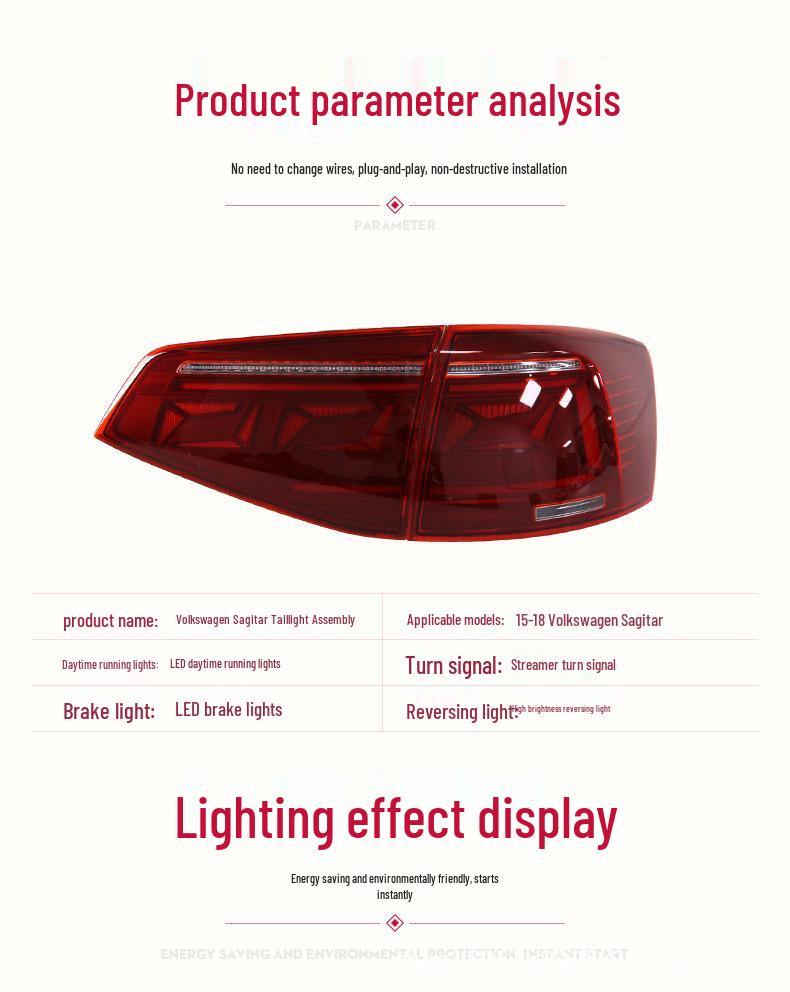 LED Taillight Assembly with Sequential Turn Signal for 2015-2018 Volkswagen Sagitar, Magotan Style