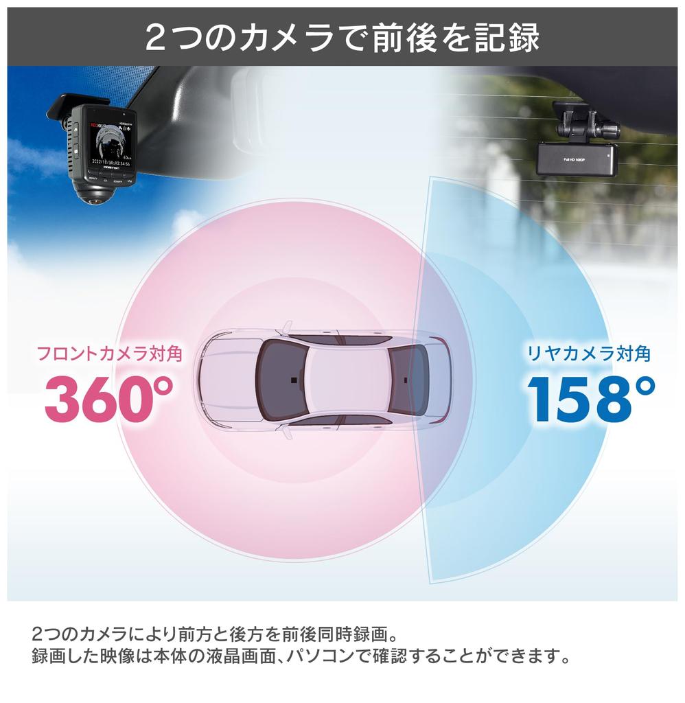 COMTEC Car Drive Recorder LCD 360 Degree Omnidirectional Rear Camera HDR362GW Vision Alarm Function Made in Japan 3 Year Warranty Continuous Recording