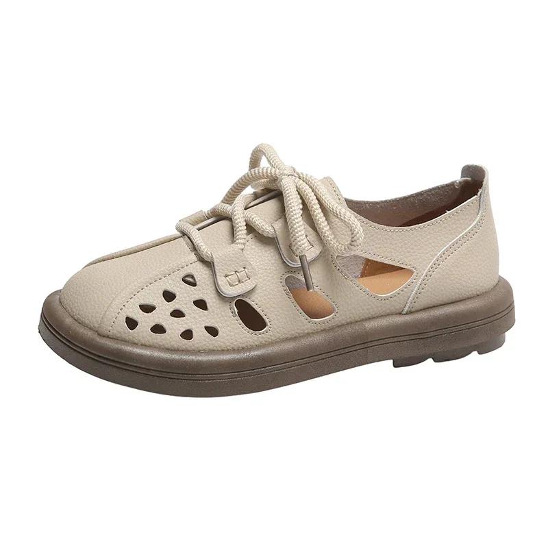 

Woman Summer Vintage Sandals Fashion Leather Hollow Flat Shoes Casual Roman Ladies beach vacation comfortable Sandalias 35 бежевый