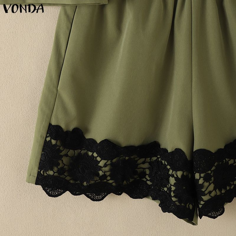 VONDA 2PCS Summer Women Sleeveless Lace Splicing Tank Tops and Shorts Pants Casual Sets