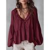 2026 Spring and Autumn Casual Sweet Ruffled Puff Sleeve Pleated Shirt Women's V-Neck Top