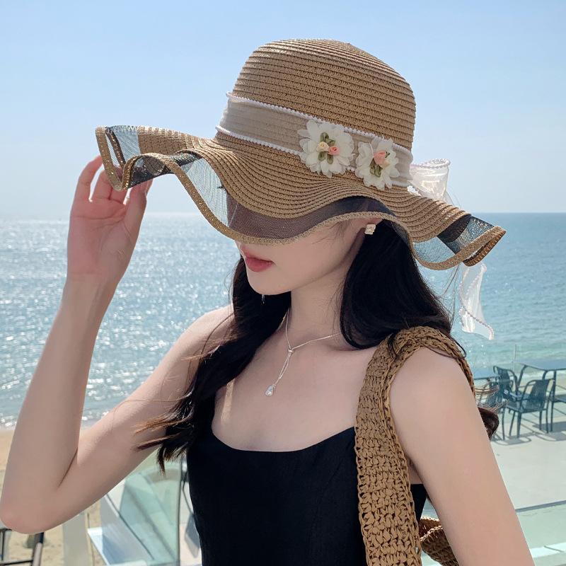 New hat women's summer small fresh straw hat sweet streamer beach hat vacation sunshade sun hat