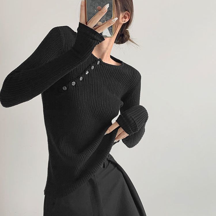 

Asymmetric Diagonal Button Round Neck Knitwear Women s Short Inner Long Sleeve Base Layer Top S чорний