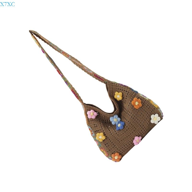 X7XC Women's Crochet Toted Bag Beach Bag Bohemian Shoulder Handbags Summer Vacation Crossbody Bag Portable Knit Hippies Bag